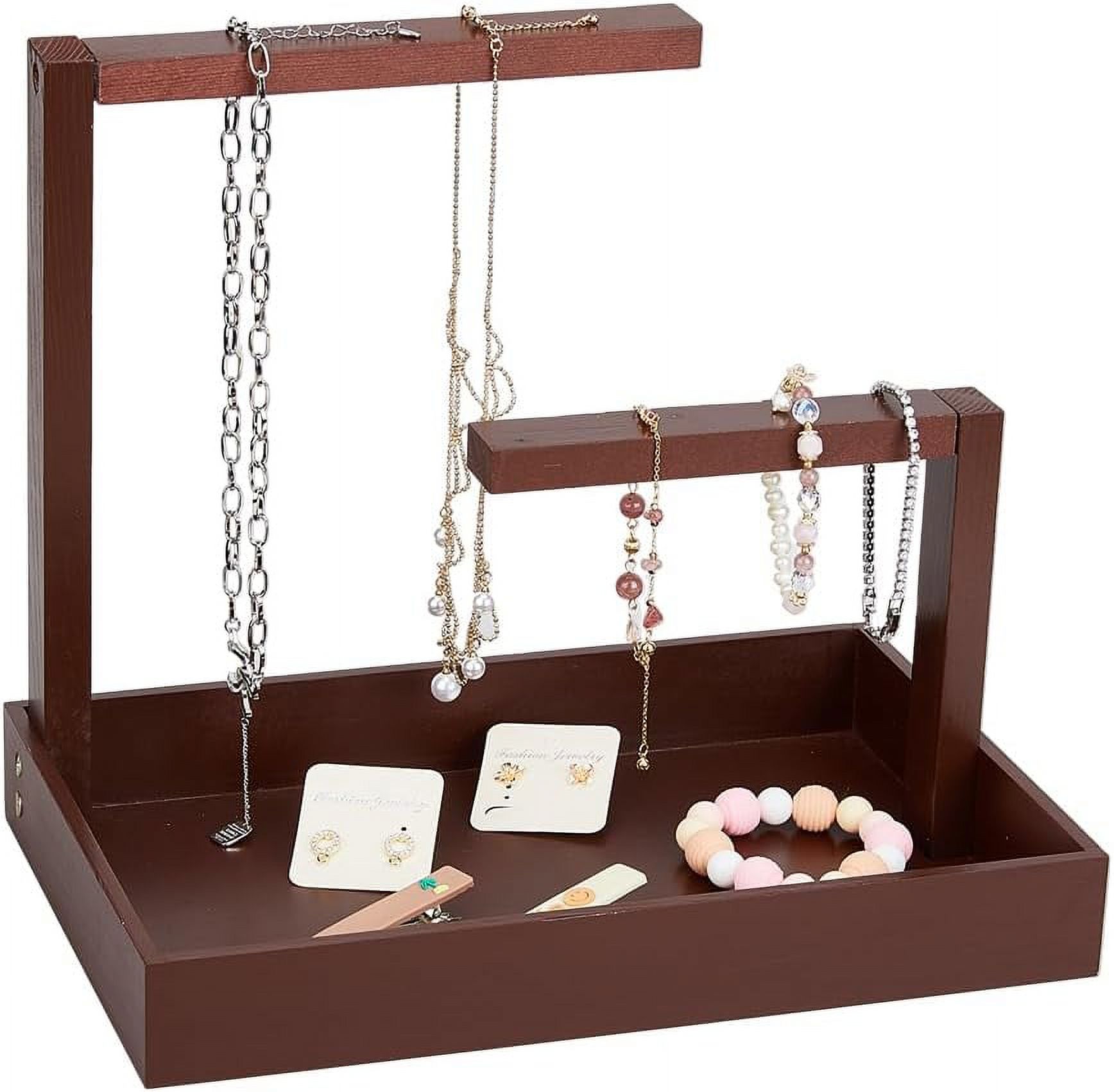 Wood Jewelry Display Stands Rectangle Jewelry Organizer Holder Coffee Necklace Hanging Organizer Rack with Tray for Bracelets Watches Earrings Rings DIY