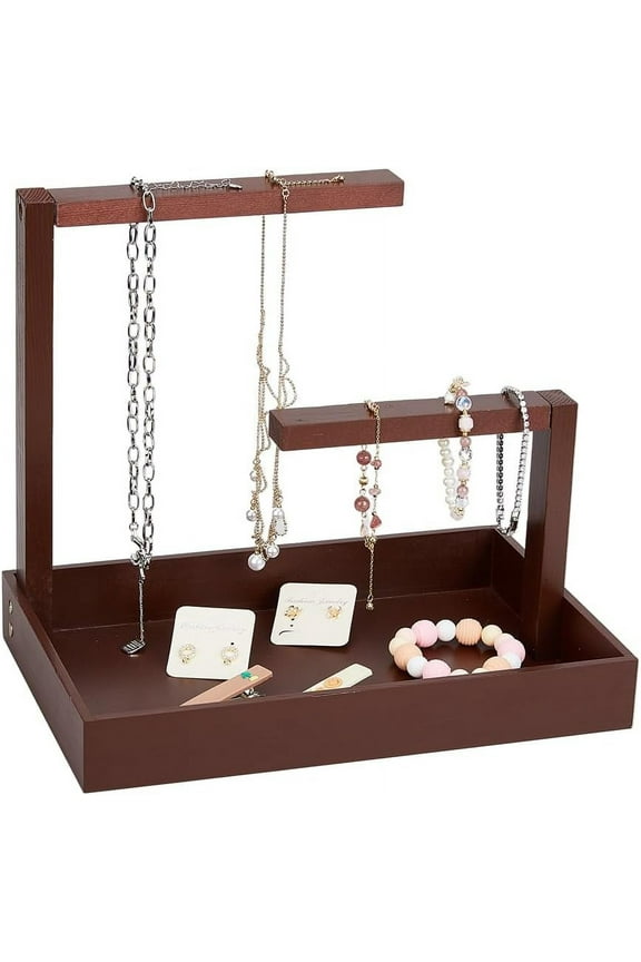 Wood Jewelry Display Stands Rectangle Jewelry Organizer Holder Coffee Necklace Hanging Organizer Rack with Tray for Bracelets Watches Earrings Rings DIY