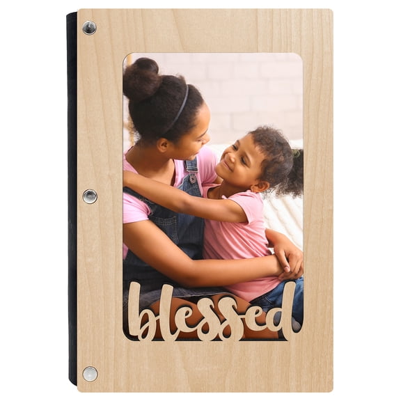 Wood Journal with Blessed Design and 4x6 Photo Sleeve, Personalized Notebook for Gratitude Prayer Meditation, Refillable Paper, Maple Cover