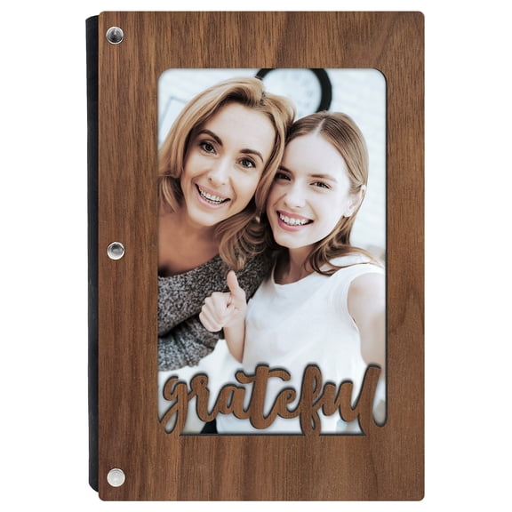 Wood Journal with Grateful Design and 4x6 Photo Sleeve, Personalized Notebook, Gratitude Meditation Prayer, Refillable Paper, Walnut Cover