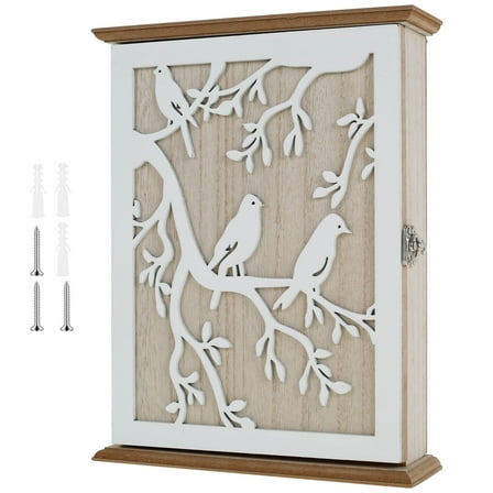 Wood Key Cabinet for Hanging Keys Wall Mount Wood Key Box Holder With Back Hook Tree Bird Pattern Hanging Wood Wall Key Box for Home Office Entrance Hallway