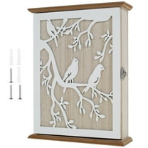 Wood Key Cabinet for Hanging Keys Wall Mount Wood Key Box Holder With Back Hook Tree Bird Pattern Hanging Wood Wall Key Box for Home Office Entrance Hallway