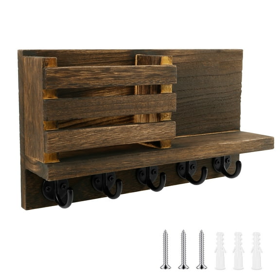 Wood Key Holder High Load Bearing Capacity Wall Mail Organizer with 5 Hook Easy to Access Storage Shelf Space Saving for Home