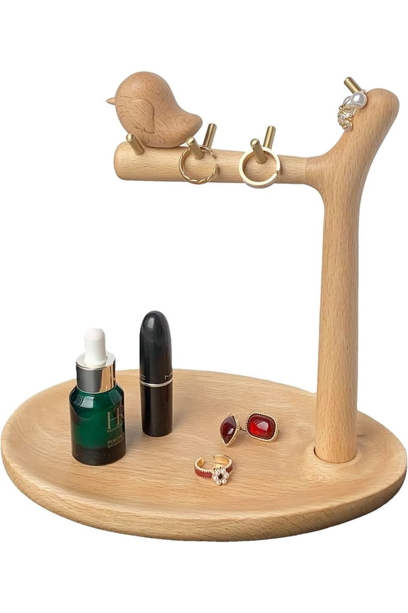 Wood Key Holder Jewelry Catchall Tray for Entryway Tabletop Key Stand Hanging Organizer with 8 Brass Tone Hooks