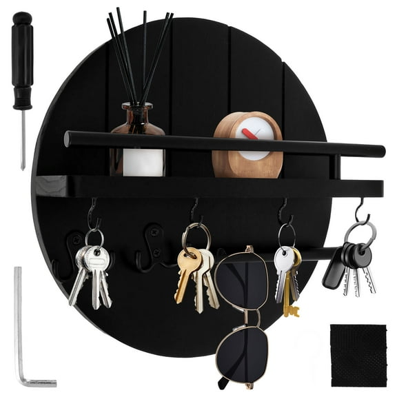 Wood Key Holder for Wall with Shelf and Hooks Decorative Key Rack Circular Design Key Hanger Entryway Mail Organizer Wall Mounted for Home Decor Wall Decor