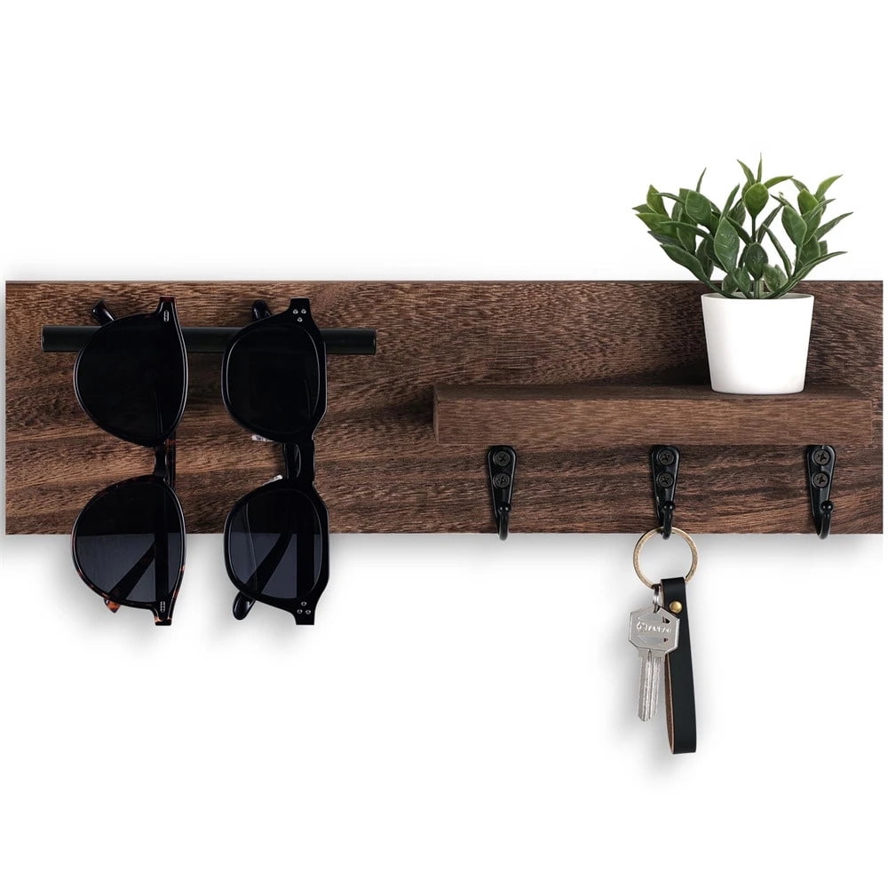 Wood Key Holder for Wall Decorative Entryway Shelf with Hooks Holds Keys Dog Leash Sunglasses Key Hanger with 3 Hooks Organizes - Walmart.com