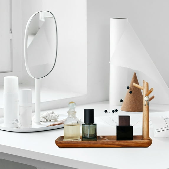 Wood Key Tray for Entryway Table Acacia Wood Key Holder Bowl with 3 Stand Hanging Organizer Stylish Jewelry Tray Space Saving Catchall Tray Entryway Tray for Rings Bracelets Watches