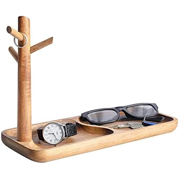 Wood Key Tray for Entryway Table, Jewelry Tray, Catchall Tray with 3 Stand Hanging Organizer, for Rings, Phone, Bracelets Watches