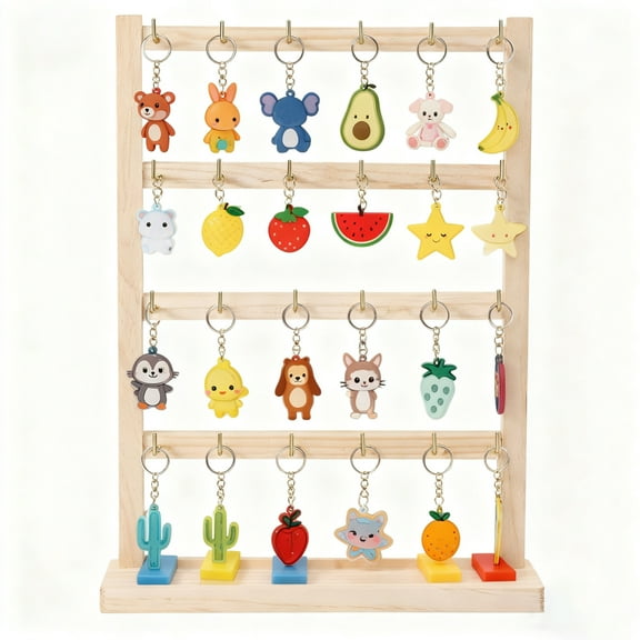 Wood Keychain Display Stand For Vendors And Home: Square Wooden Keychain Display Stand With 18 Hooks 4 Tier