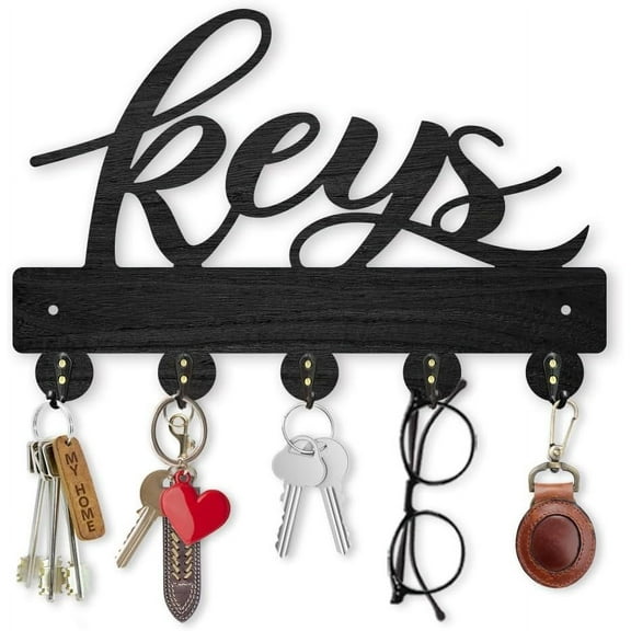 Wood Keys Holder for Wall 11.87.8inch Decorative Key Rack Keychain Hanger Key Hooks Organizer 5 Alloy Hooks for Home Decor Gift Entryway Coat Rack Hallway Office Black