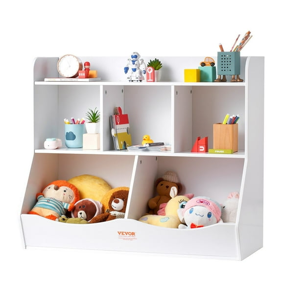 Wood Kid Storage Cubby, 5-Cubby Toy Storage Organizer with Bookshelf, Multifunctional Wooden Toy Storage Cabinet & Bookshelf for Kids Room, Playroom, Kindergarten, Nursery, Easy Assembly, Modern
