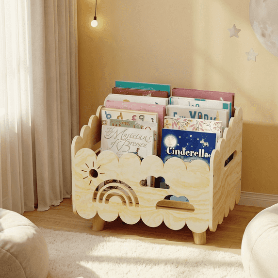 Wood Kids Bookshelf, Montessori Bookshelf, With 2 Adjustable Dividers, Suitable Kids Rooms, Nursery & Classroom, Kids Bookshelf And Toy Storage, Toddler Book Rack, Nursery Book Shelves, Wood color