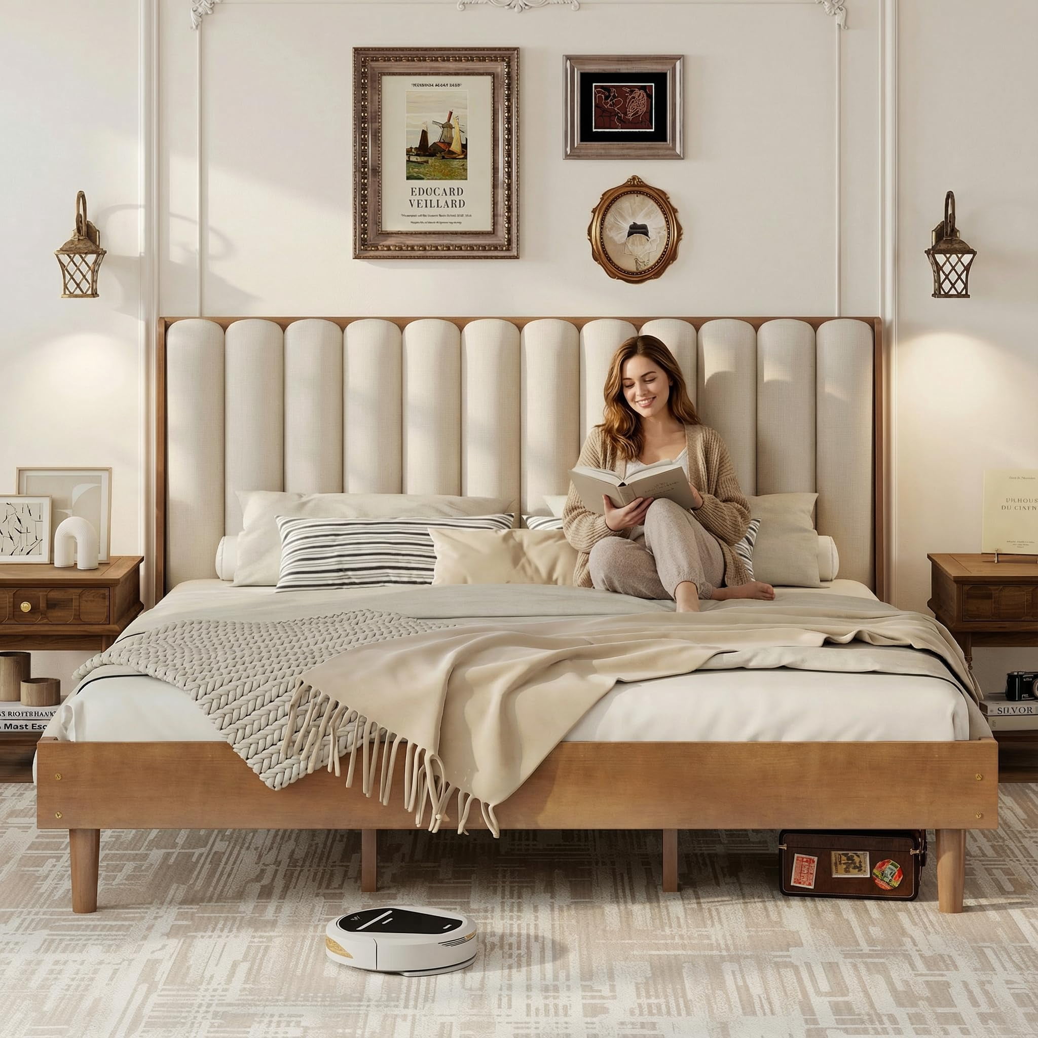 Wood King Size Bed Frame, Platform Bed King with Solid Rubber Wood Legs, Tall Upholstered Tufted Headboard, Wheat