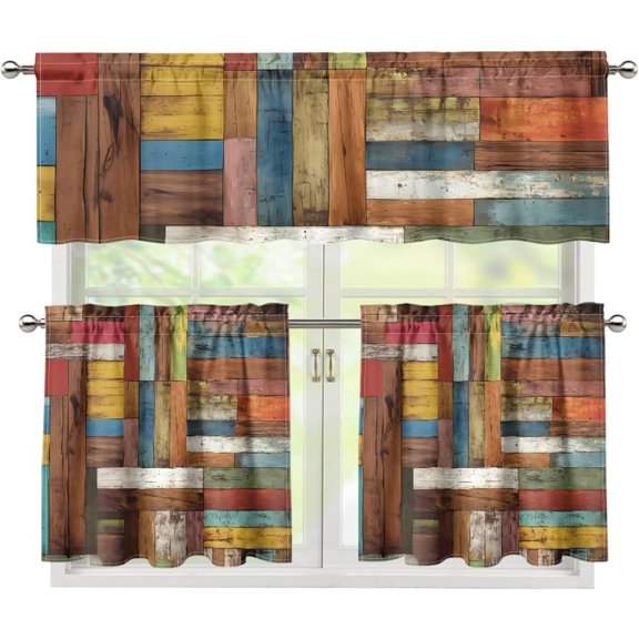 Wood Kitchen Curtains and Valances 3 Panel Set Easy to Install Bathroom Window Curtain with Rod Pockets Washable Window Treatment Tiers for Living Room Bathroom