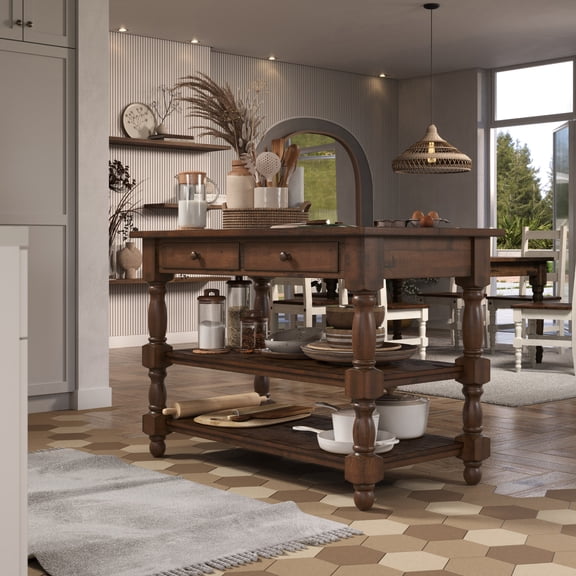 Wood Kitchen Island 2 Drawers 2 Shelf Walnut | Furniture Dash