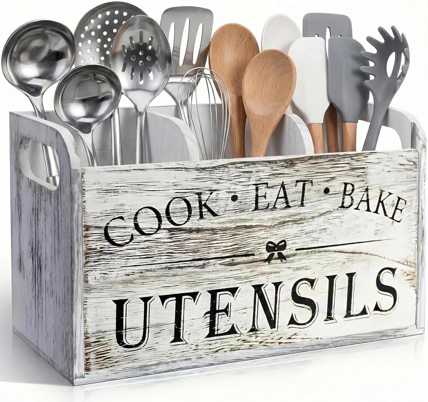 Wood Kitchen Utensil Caddy with 3 Compartments, Rustic Farmhouse Style, Ideal for Storage and Organization, White