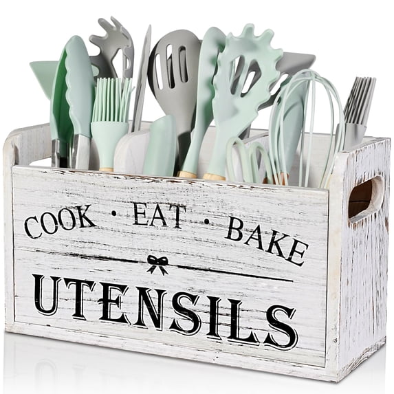 Wood Kitchen Utensil Caddy with 3 Compartments, Rustic Farmhouse Style, Ideal for Storage and Organization, White