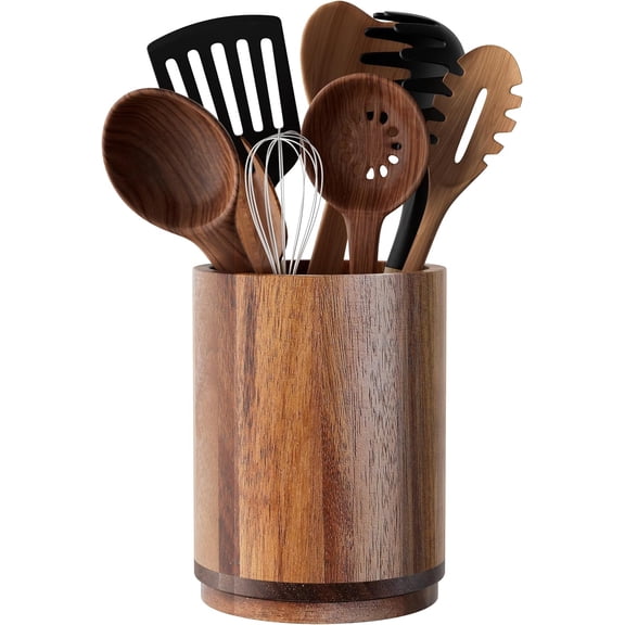 Wood Kitchen Utensil Holder, 360° Rotating Large Utensil Crock Organizer for Countertop, 7.2" Utensil Container for Cooking Tools, Spatulas, Spoons, and Kitchen Gadgets