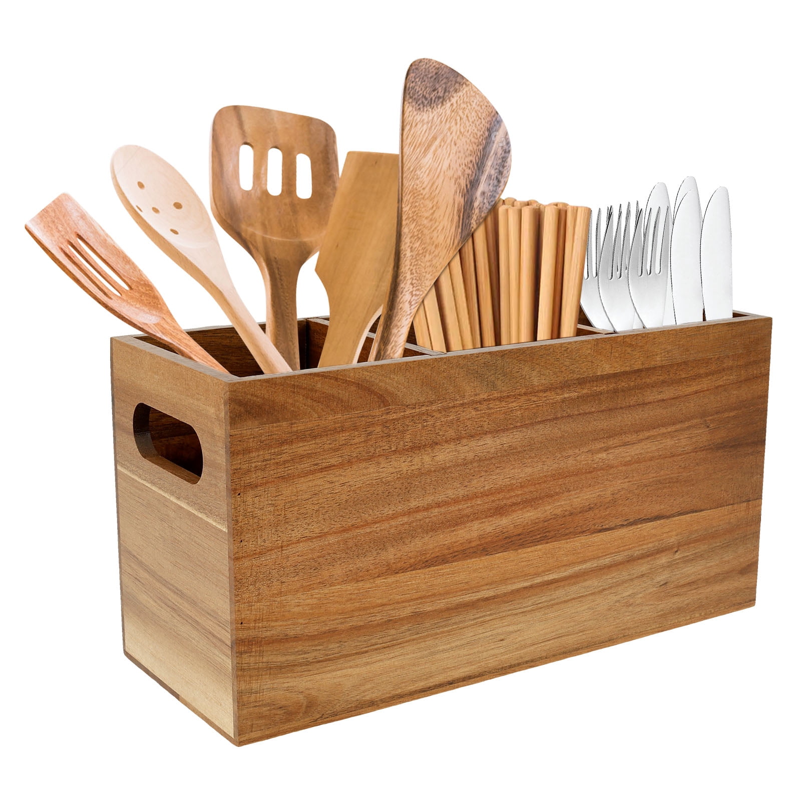 Wood Kitchen Utensil Holder Removable Divider Wood Silverware Organizer with 3 Compartments Utensil Caddy for Countertop Farmhouse Kitchen