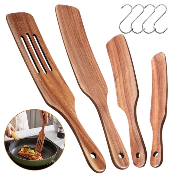 Wood Kitchen Utensils Set, 4 Pcs Natural Wooden Spoons for Cooking for Non-stick Skillet, Utensil Set for Cooking, Spurtles for Cooking