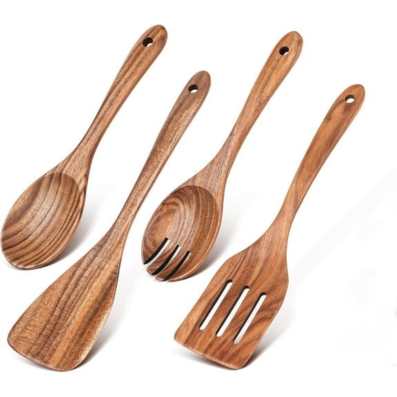 Wood Kitchen Utensils Set,4 Pcs Non-Toxic Teak Wooden Cooking Utensil Set, Acacia Spoons for Cooking Serving, Wooden Turner, Spatulas, Salad Fork Server, BPA Free, Hand Wash