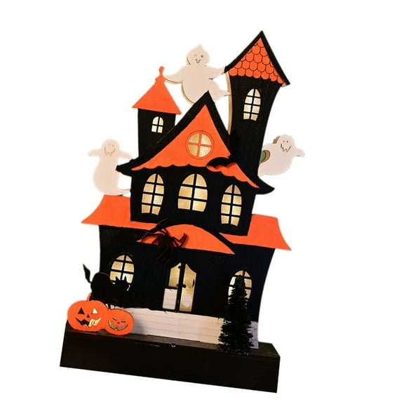 Wood LED Lighted Ghostly House Castles Pumpkin Ornament Props for Halloween Holiday Party Desktop Scary Decoration