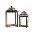 thumbnail image 1 of Wood Lantern with Pierced Metal Top Set of 2 - Brown - Benzara, 1 of 2