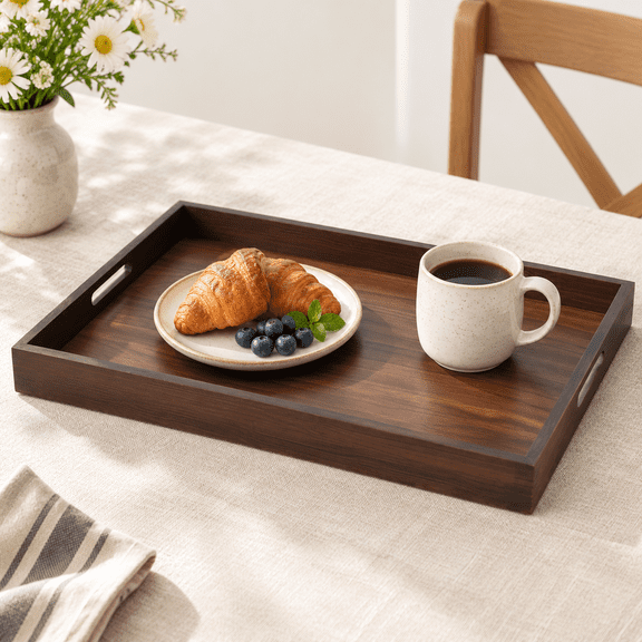 Wood Large Serving Tray, 17" x 12" x 1.5", Durable Decorative Kitchen & Dining Platter