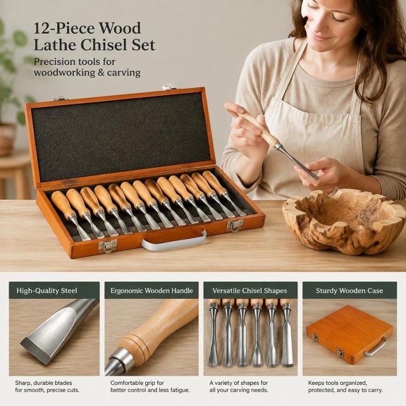 Wood Lathe Chisel Set, 12-piece, 3.75 in Blade, HSS Woodworking and Carving Tools with Wooden Storage Case