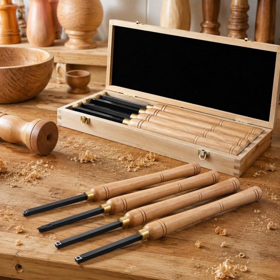 Wood Lathe Turning Tool Set, 4Pcs with Carbide Tips, Wooden Handles, for Roughing, Finishing, Detailing, Hollow Turning