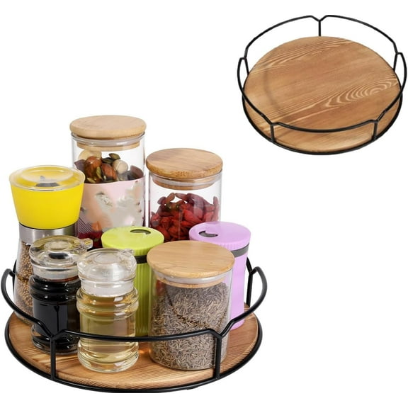 Wood Lazy Susan Organizer 9 Inch - Turntable for Cabinet, Countertop, Pantry & Spice Rack Storage - Kitchen and Dining Accessories with Non-Slip Base, Smooth Rotation (Log Color)