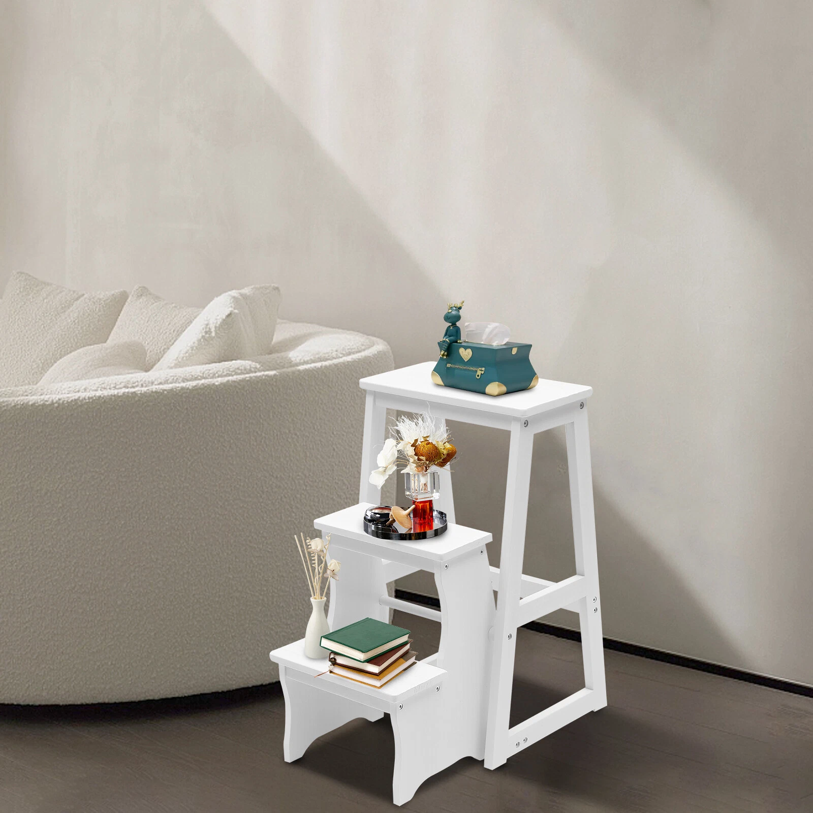 Library Ladder Chair Wood Library Ladder Chair Foldable 3-Levels Step Stool White Ladder ...