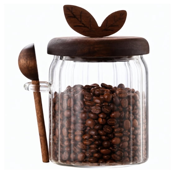 Wood Lid Airtight Coffee Canister with Spoon, Kitchen Dry Food Storage Jar for Coffee Beans, Tea, Sugar