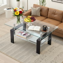 SEGMART Glass Coffee Table, Rectangle Coffee Table, Tea Table, Modern Side Coffee Table with Iron Leg, Glass Tabletop with Lower Shelf, Modern Dining Center Table for Home Living Room Office