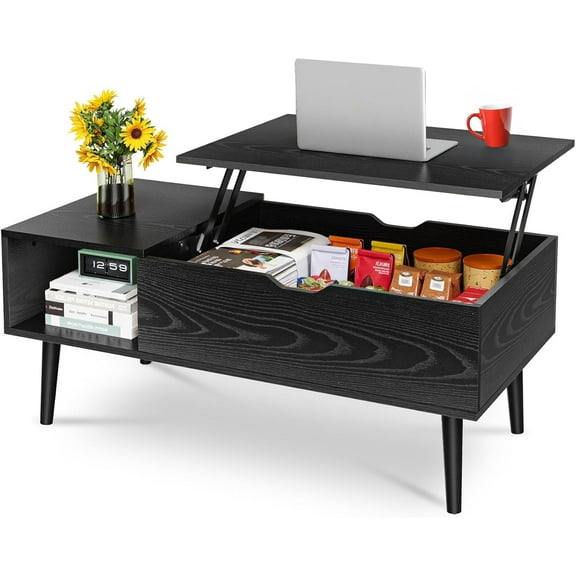 Wood Lift Top Coffee Table with Hidden Compartment and Large Storage Shelf, Lift Tabletop Dining Center Table for Home Living Room Office, Black : Home & Kitchen