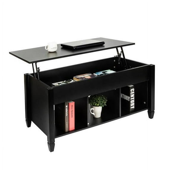Wood Lift Top Coffee Table, Modern Coffee Table w/Hidden Compartment and Open Storage Shelf for Living Room Office Reception Room, Lift Coffee Table (Black)