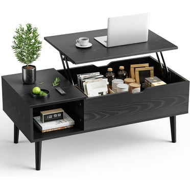 Wood Lift Top Coffee Table with Hidden Compartment and Large Storage Shelf, Lift Tabletop Dining Center Table for Home Living Room Office, Black