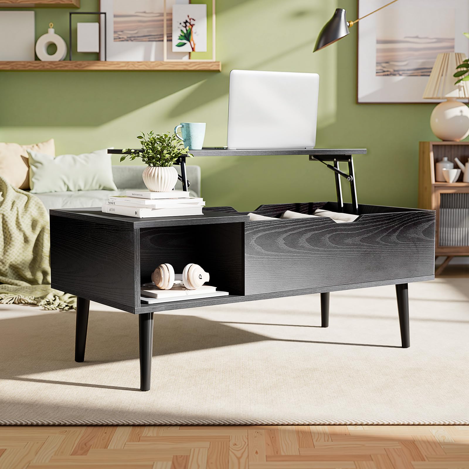 Wood Lift Top Coffee Table with Hidden Compartment and Large Storage ...