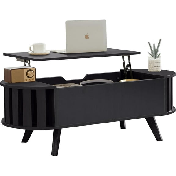 Wood Lift Top Coffee Table with Hidden Storage, 47.24" Oval Lift Table Top Curved Profile Design Conversation Table for Living Room, Office (Black)