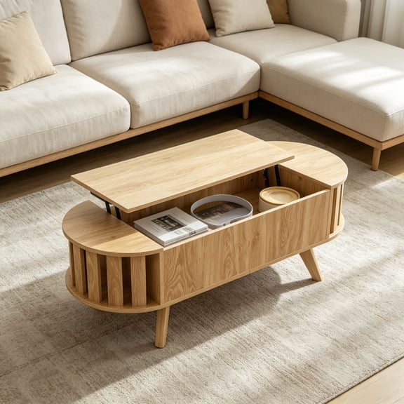 Wood Lift Top Coffee Table with Hidden Storage, 47.24" Oval Lift Table Top Curved Profile Design Conversation Table for Living Room, Office, Natural