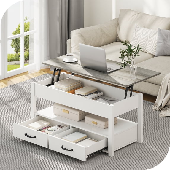 Wood Lift Top Coffee Tables with 2 Storage Drawers & Hidden Compartment for Living Room Office, White