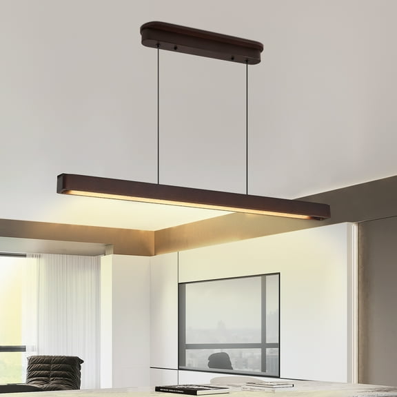 Wood Linear LED Pendant Light Linear 39.4" Dinning Room Light Island Lights Dimmable Chandelier for Billiard & Pool Table Walnut Color
