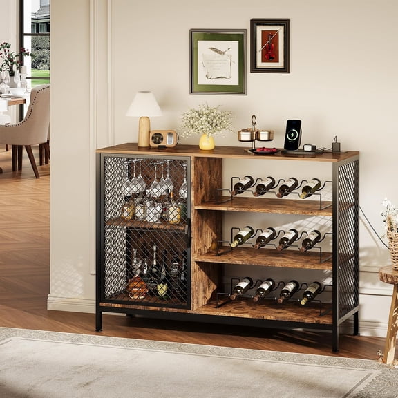 Wood Liquor Cabinet w/Doors, 42 in Industrial Coffee Bar Cabinet with Led Lights and Power Outlets, Rustic Brown, Glass Holders & Storage, Mini Coffee Bar for Home Dining Living Room