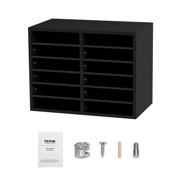Wood Literature Organizer, 12 Compartments, File Sorter with Removable Shelves, Mailboxes Slot for Office Home Classroom Mailrooms Organization, EPA Certified, Black