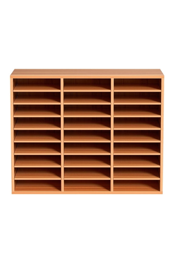 Wood Literature Organizer 27 Compartments, Adjustable Shelves, MDF Mail Center for Office Home School - File, Document, Paper & Magazine Storage - Oak Finish