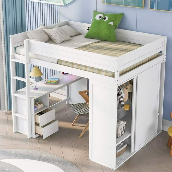 Wood Loft Bed, Full Size Loft Bed with Wardrobes, 2-Drawer Desk with Open Storage Cabinet, Low Loft Bed with Safety Guardrails, Wood Slats Support, Space-Saving Design, No Box Spring Needed, White