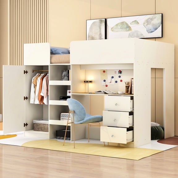 Wood Loft Bed Full Size With Built-in Desk, Storage Shelves, Wardrobe And Drawers In Beige Desk Shelves - Stylish Decoration