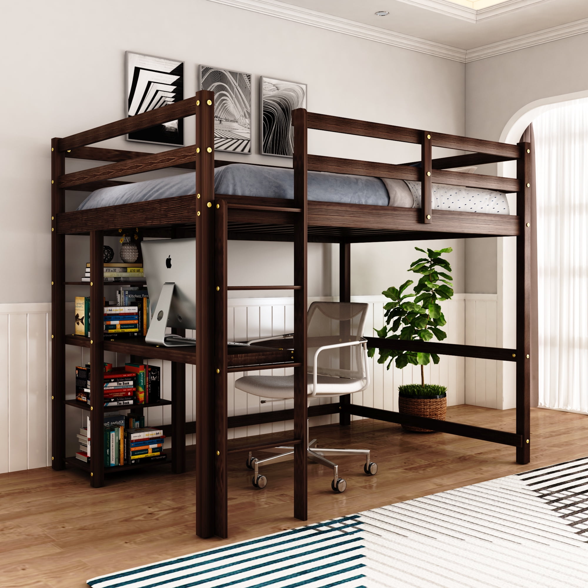 Wood Loft Bed with Desk Full Size Loft Bed with 4 Storage Shelves and Under Bed Desk Solid Wood Bed