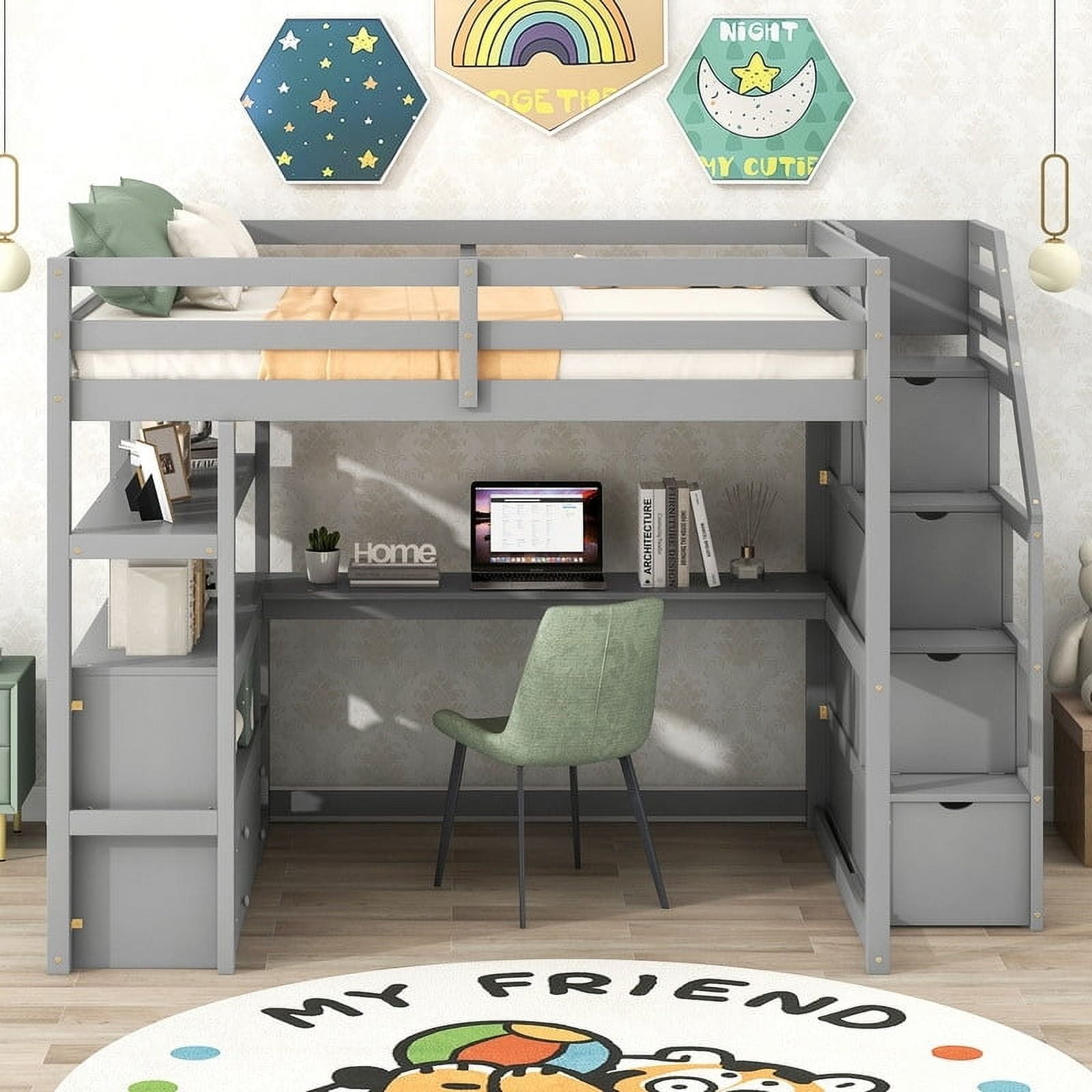Gray Pine Full Loft Bed with Desk, Shelves, and Storage Drawers