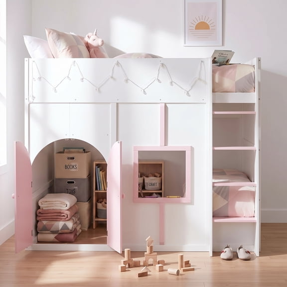 Wood Loft Bed with LED, Full Size House Loft Bed with Double Doors & Window, Playhouse Loft Bed with Play Area, White